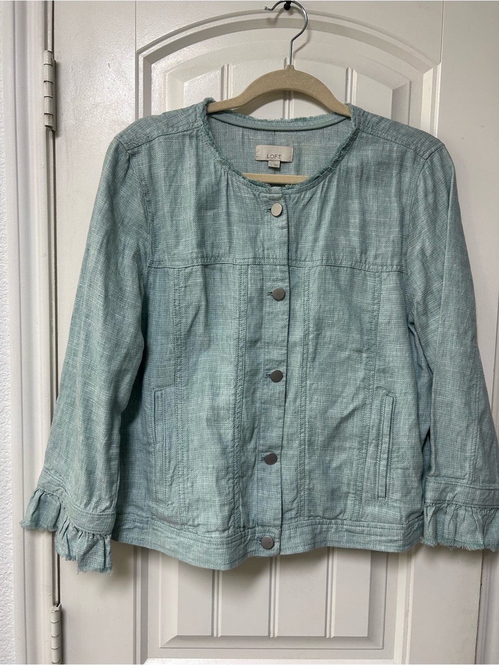 LOFT Light Aqua Collarless Button-Front Jacket with Ruffle Cuffs